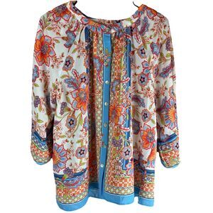 Ruby Rd Women’s Blue, Peach, White Floral Button Down Blouse Size Medium Petite